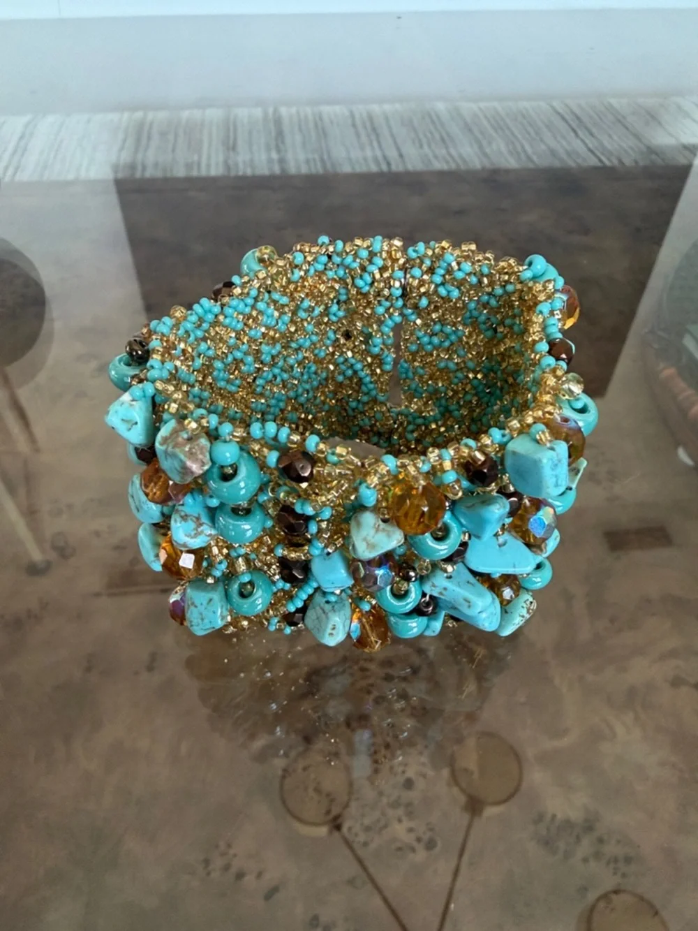Handmade Turquoise & Gold Beaded Cuff Bracelet